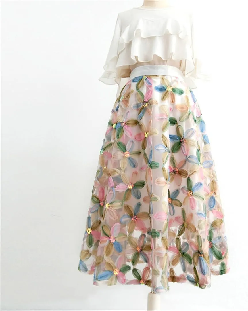 Women High Waisted Pleated Midi Tulle Skirt Spring Summer Korean Vintage Fairy Female Clothing