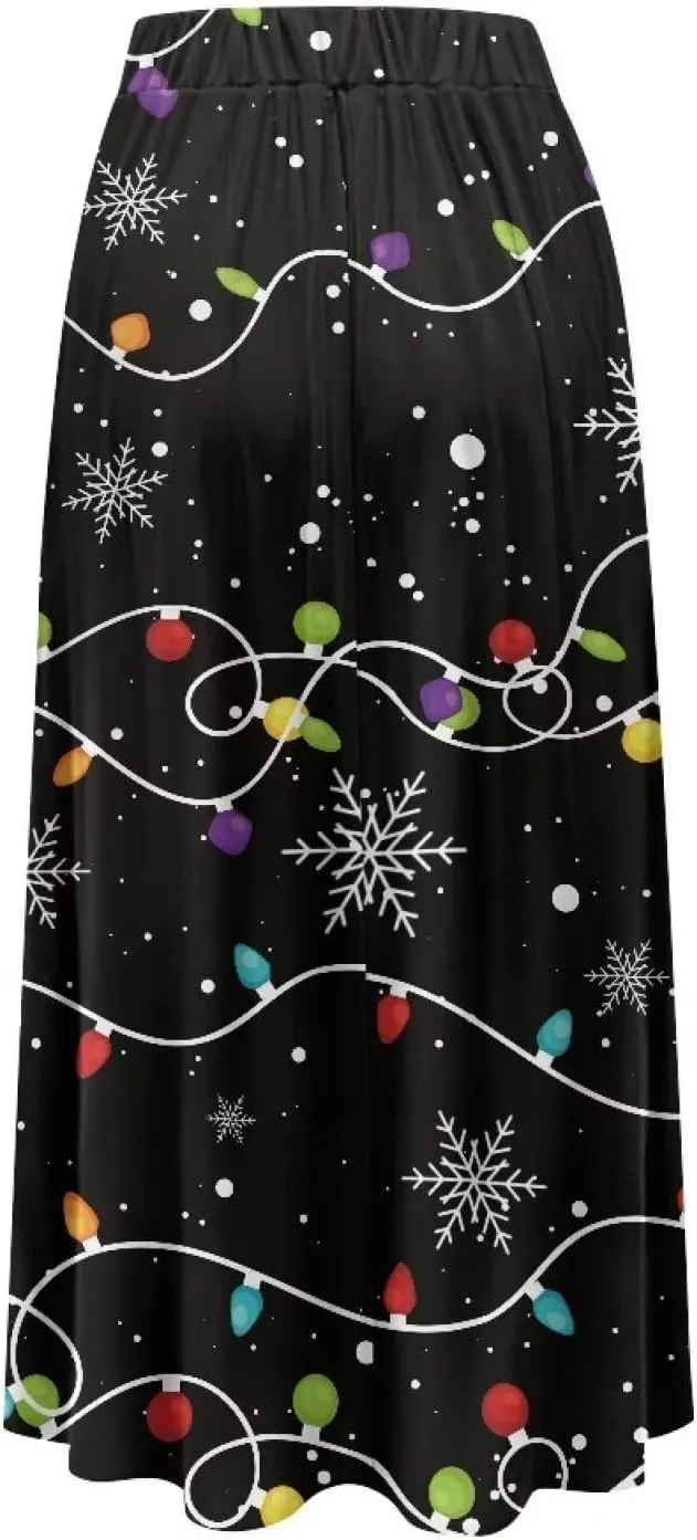 Women Long Maxi Skirt Casual High Waiste Dress Home Travelling Party Skirt with Double Pockets