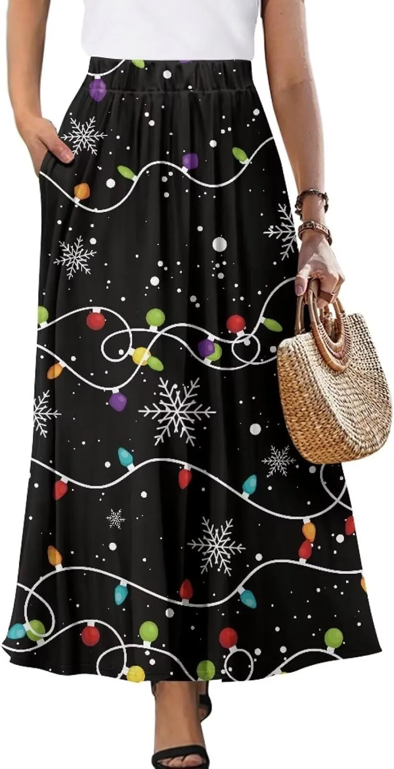 Women Long Maxi Skirt Casual High Waiste Dress Home Travelling Party Skirt with Double Pockets