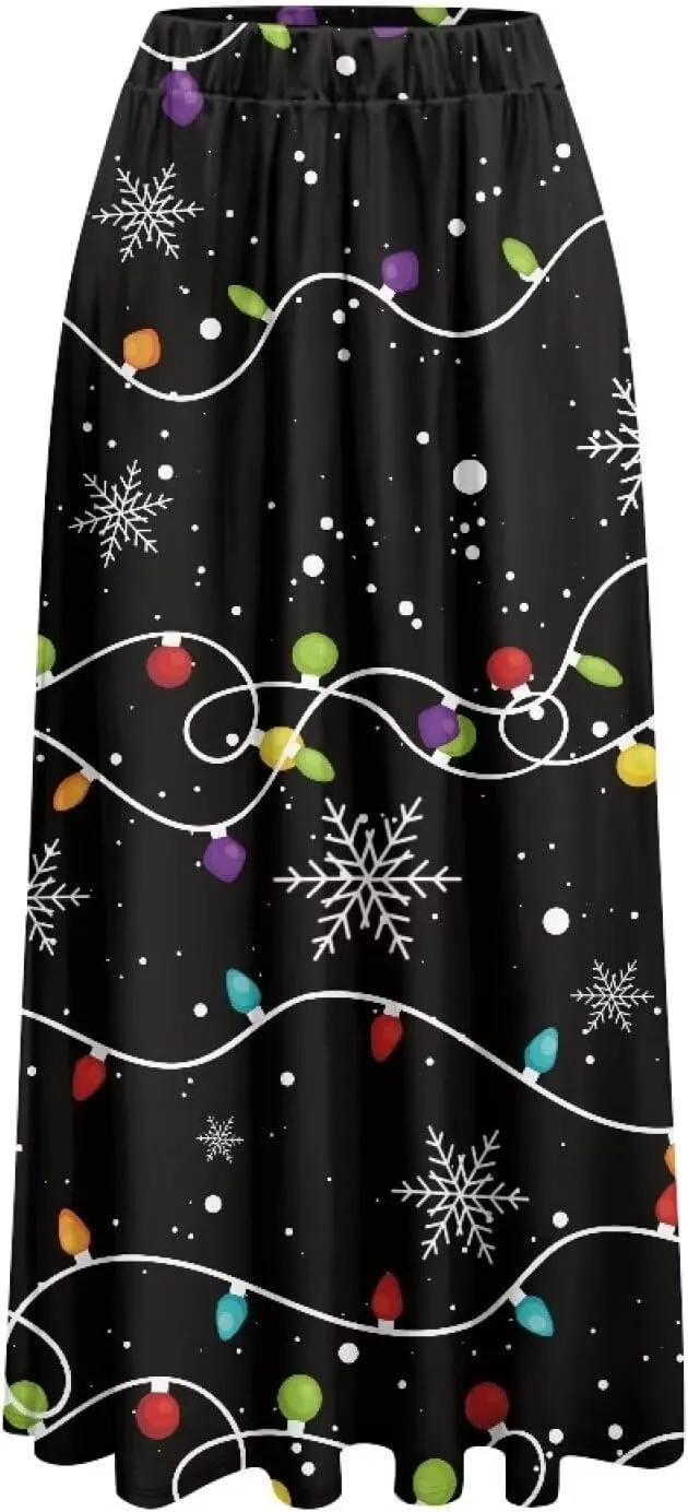 Women Long Maxi Skirt Casual High Waiste Dress Home Travelling Party Skirt with Double Pockets