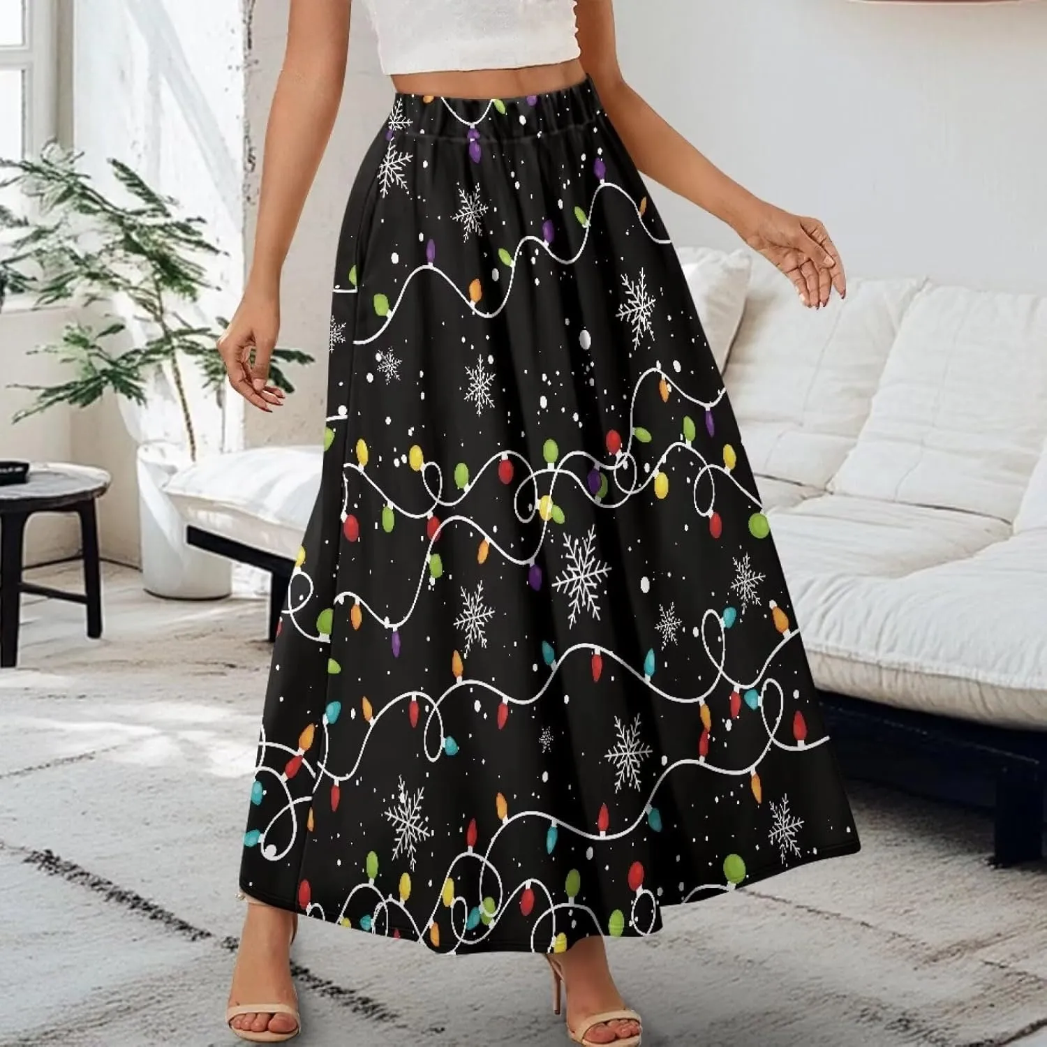 Women Long Maxi Skirt Casual High Waiste Dress Home Travelling Party Skirt with Double Pockets