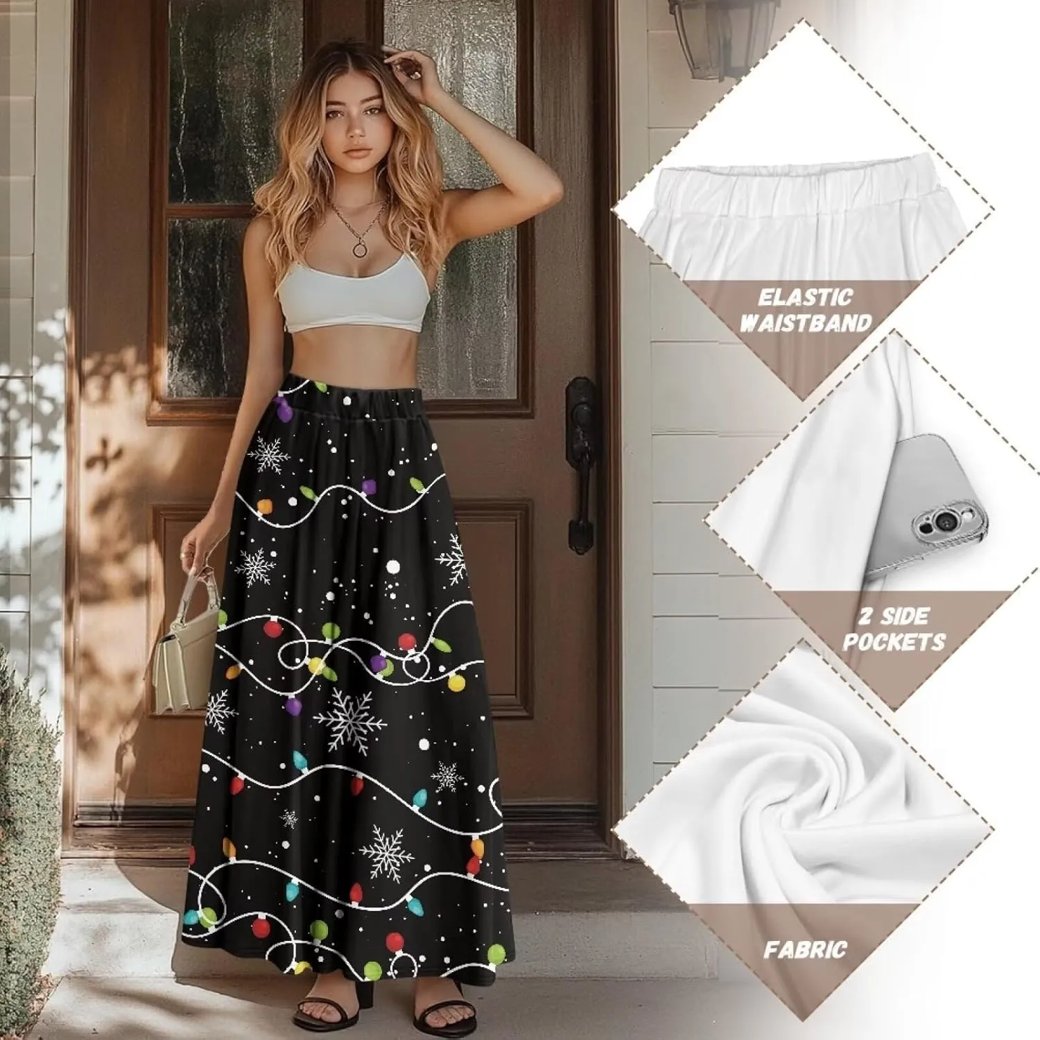 Women Long Maxi Skirt Casual High Waiste Dress Home Travelling Party Skirt with Double Pockets