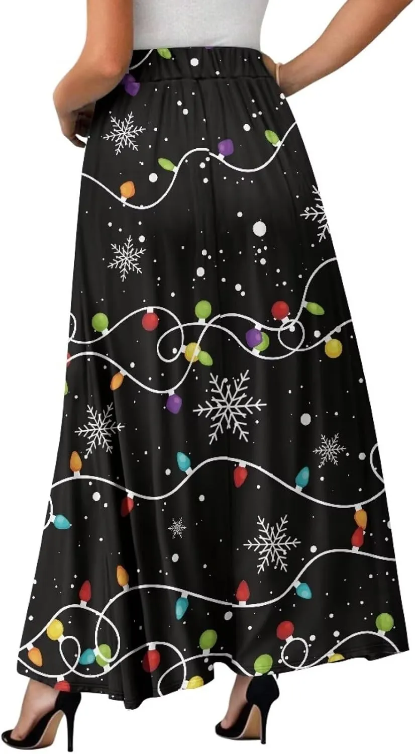 Women Long Maxi Skirt Casual High Waiste Dress Home Travelling Party Skirt with Double Pockets