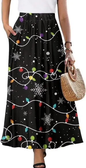 Women Long Maxi Skirt Casual High Waiste Dress Home Travelling Party Skirt with Double Pockets