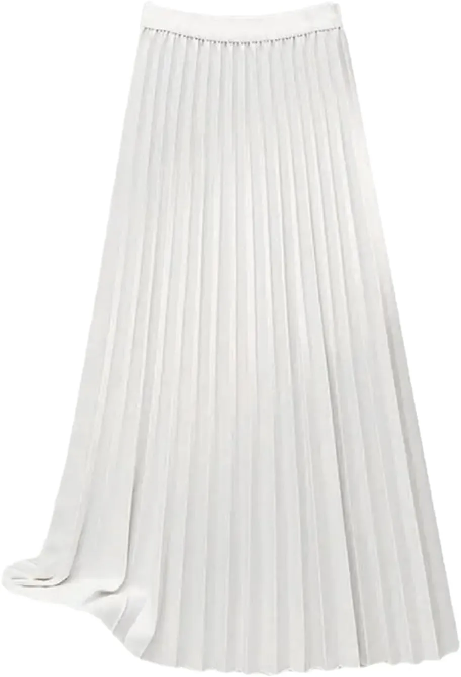Women Maxi Skirt Pleated Solid Color Elastic High Waist Casual Cotton Blend A-Line Smooth Satin Long Skirts