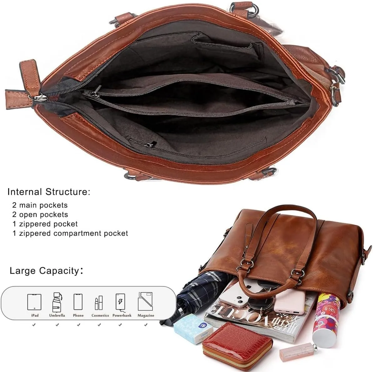 Women PU Leather Handbag Oil-waxed Shoulder Bag Soft Top-handle Purse Shopper Work Tote Crossbody Bag Travel Satchel