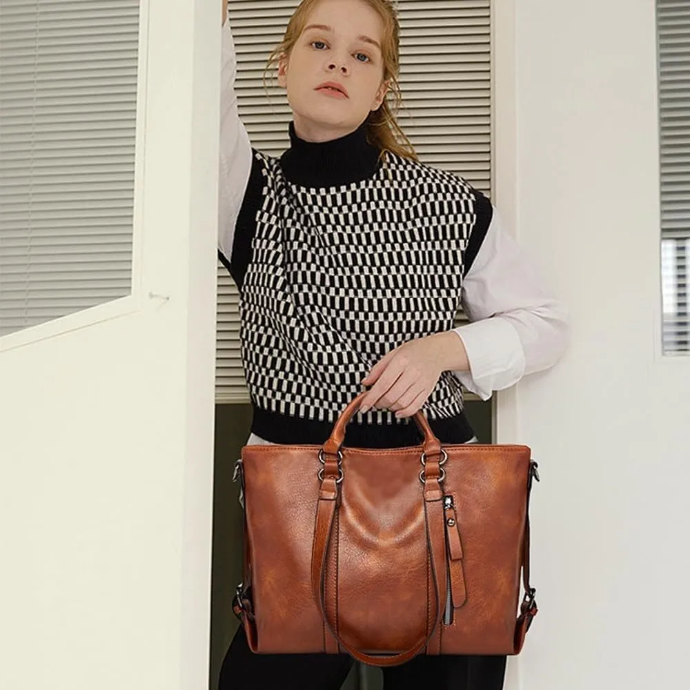Women PU Leather Handbag Oil-waxed Shoulder Bag Soft Top-handle Purse Shopper Work Tote Crossbody Bag Travel Satchel