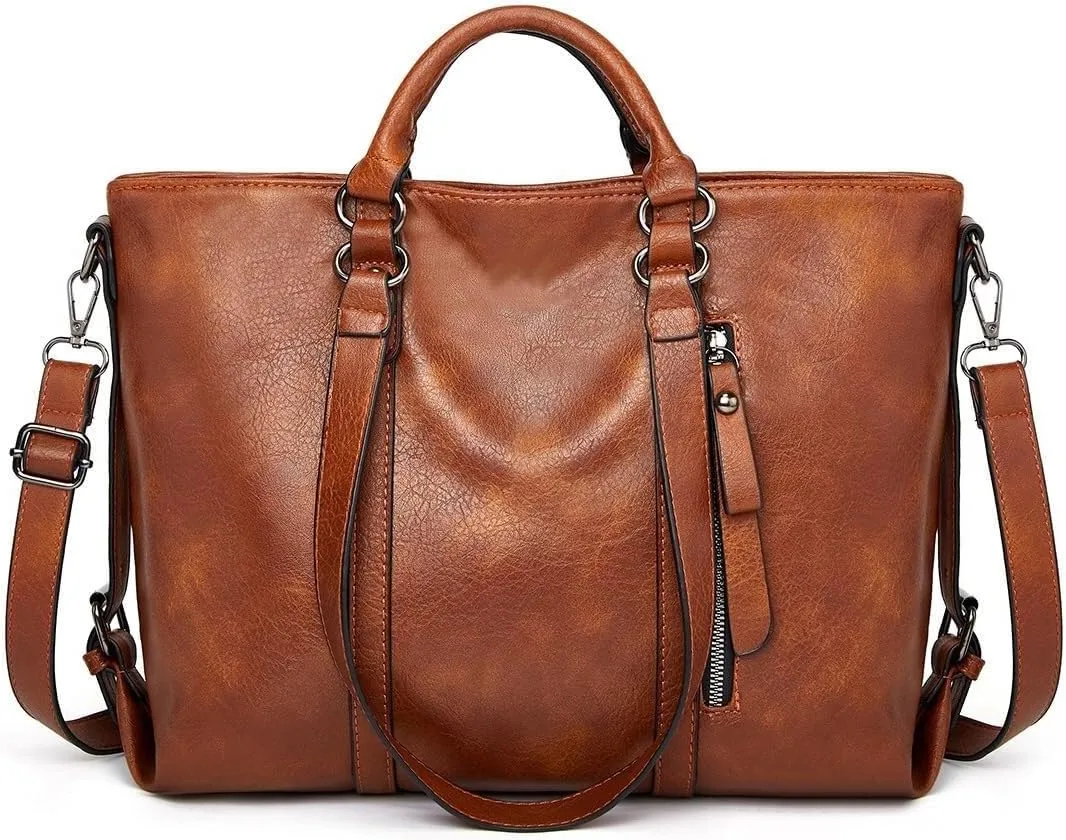 Women PU Leather Handbag Oil-waxed Shoulder Bag Soft Top-handle Purse Shopper Work Tote Crossbody Bag Travel Satchel