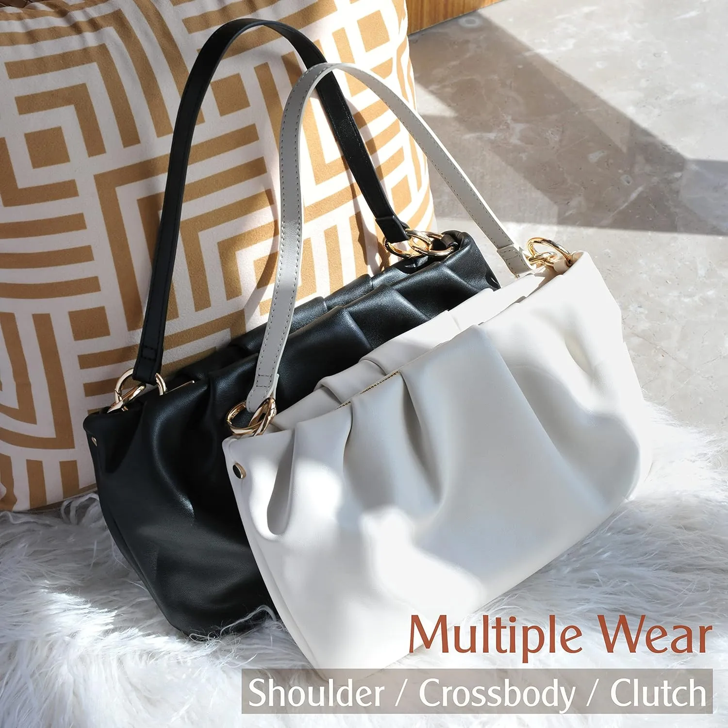 Women Ruched Shoulder Handbag Cloud Pouch Hobo Bag Convertible Clutch Soft Vegan Leather Cross body Bag (Nude)