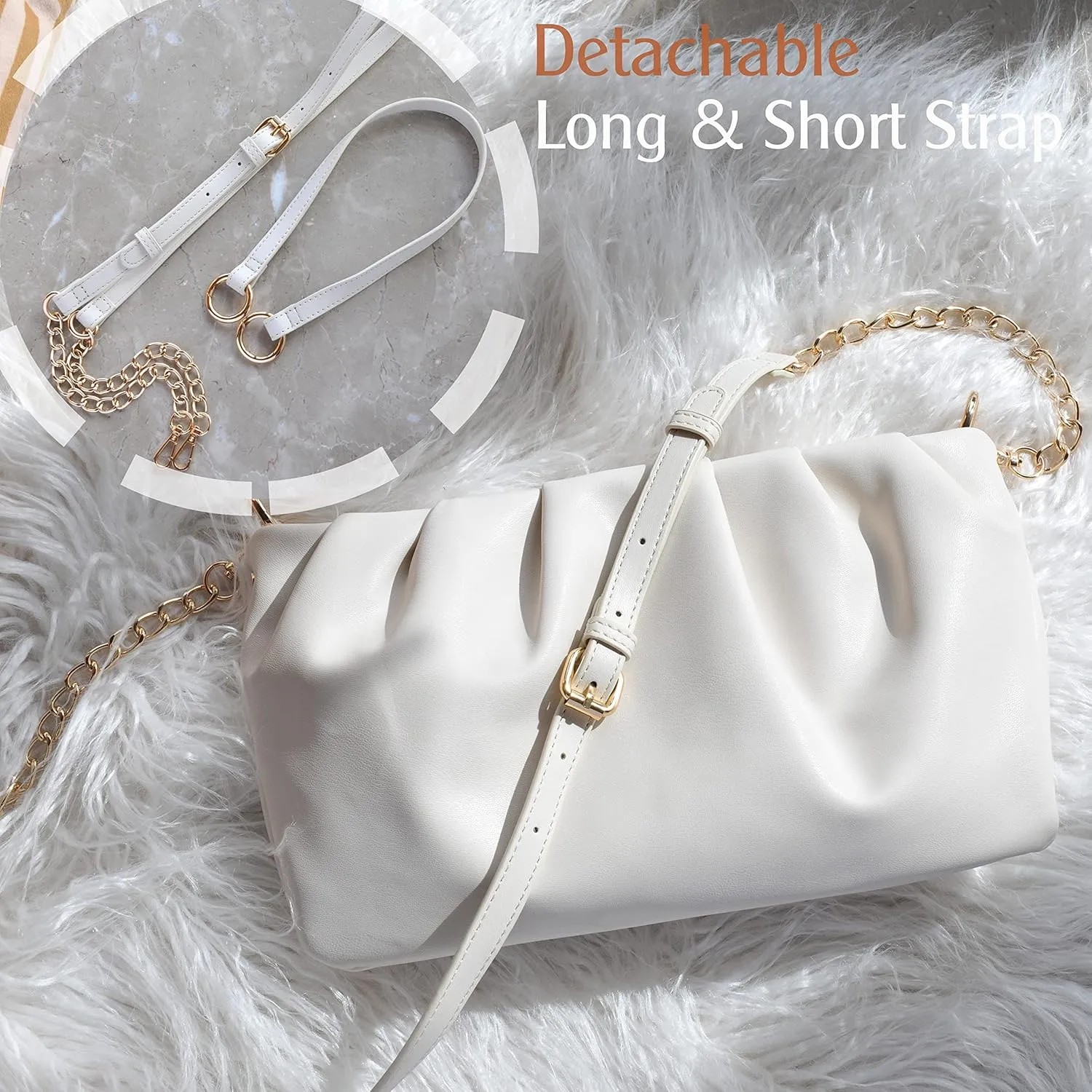 Women Ruched Shoulder Handbag Cloud Pouch Hobo Bag Convertible Clutch Soft Vegan Leather Cross body Bag (Nude)