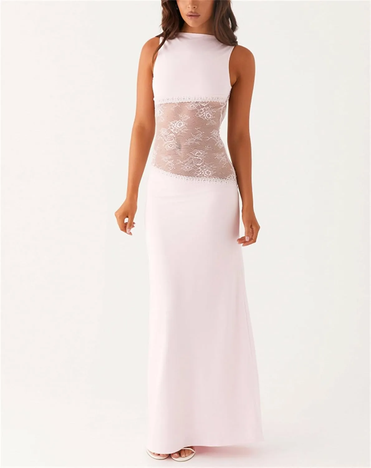 Women Sexy Hollow Out Maxi Dress Sleeveless Backless Lace Pachwork Bodycon Long Dress Y2k Going Out Party