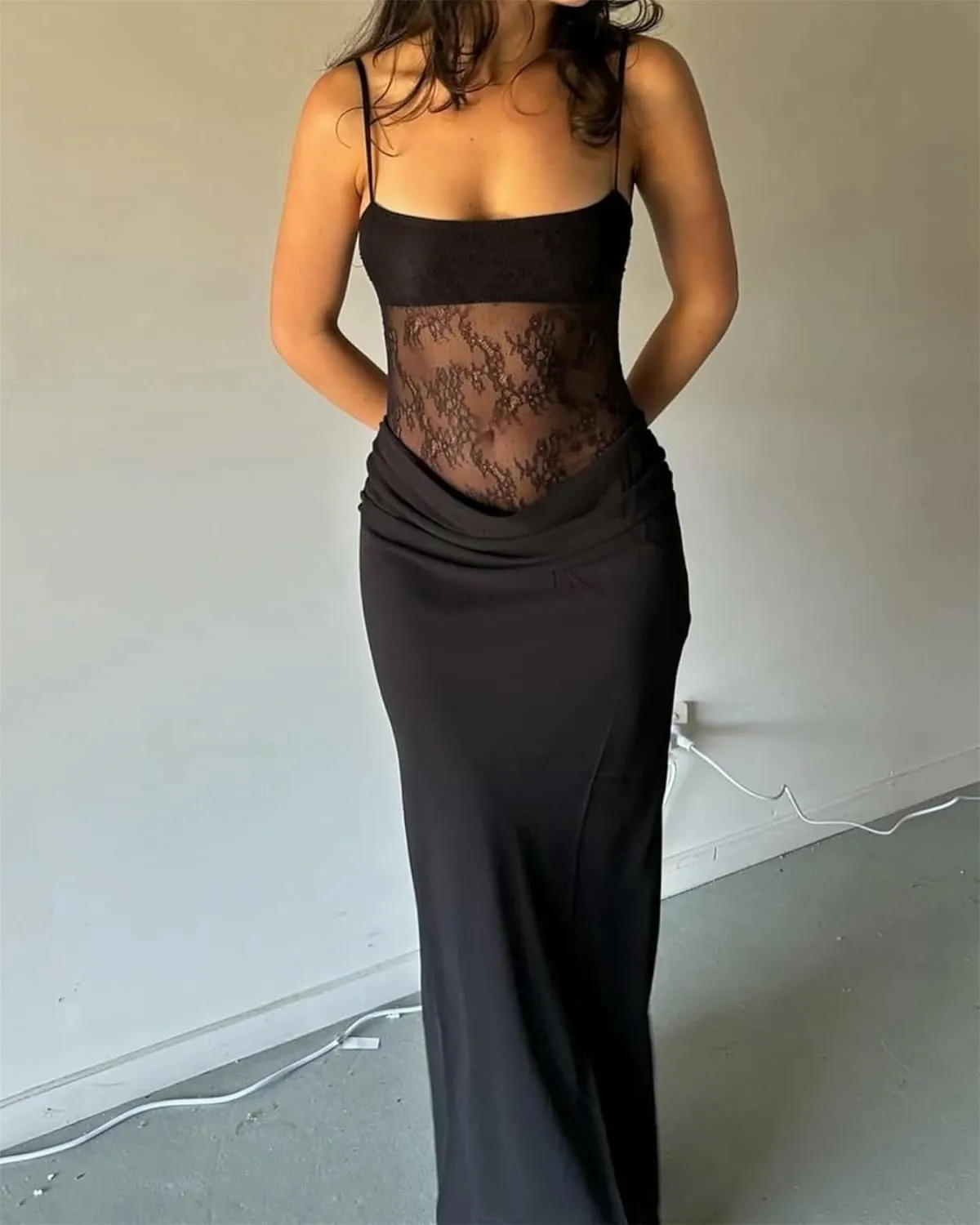 Women Sexy Hollow Out Maxi Dress Sleeveless Backless Lace Pachwork Bodycon Long Dress Y2k Going Out Party