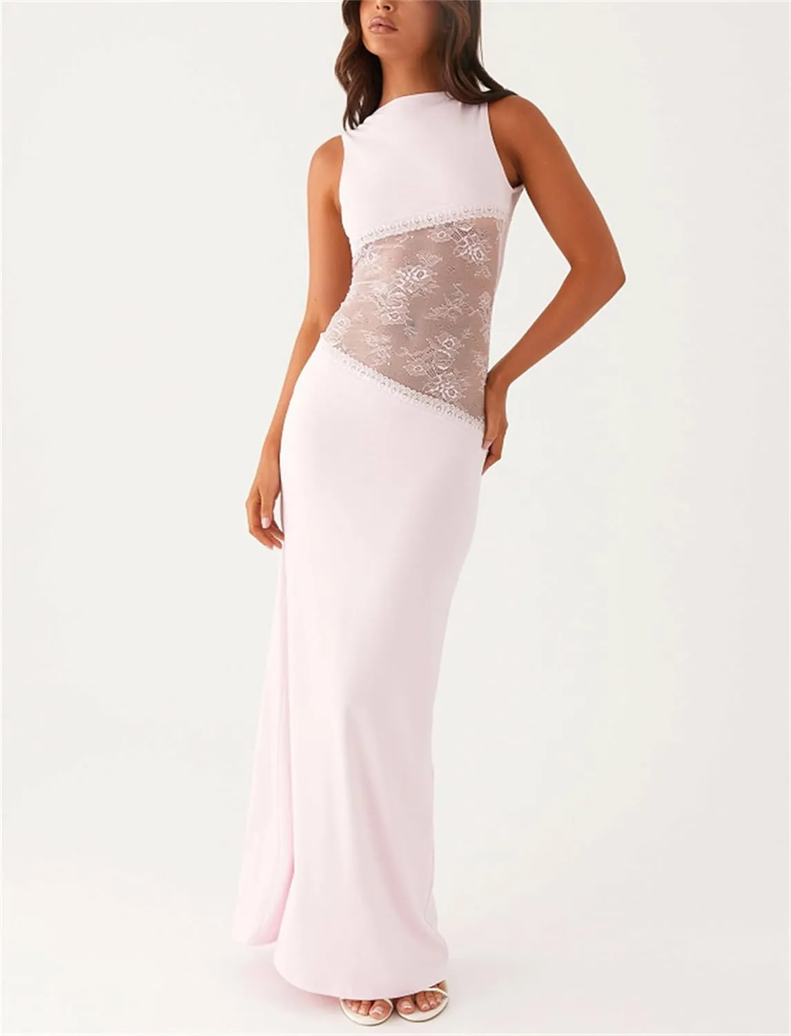Women Sexy Hollow Out Maxi Dress Sleeveless Backless Lace Pachwork Bodycon Long Dress Y2k Going Out Party