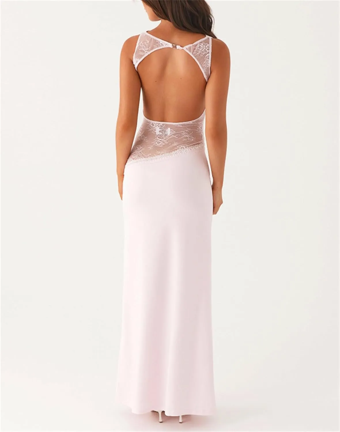 Women Sexy Hollow Out Maxi Dress Sleeveless Backless Lace Pachwork Bodycon Long Dress Y2k Going Out Party