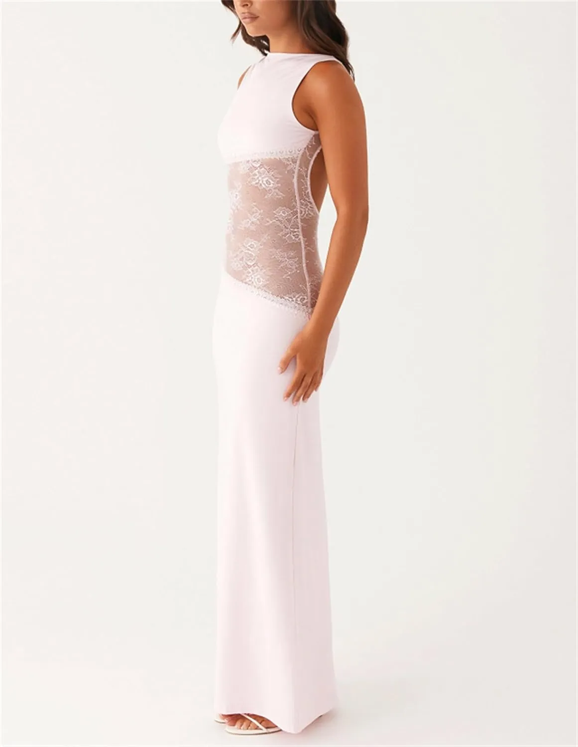 Women Sexy Hollow Out Maxi Dress Sleeveless Backless Lace Pachwork Bodycon Long Dress Y2k Going Out Party