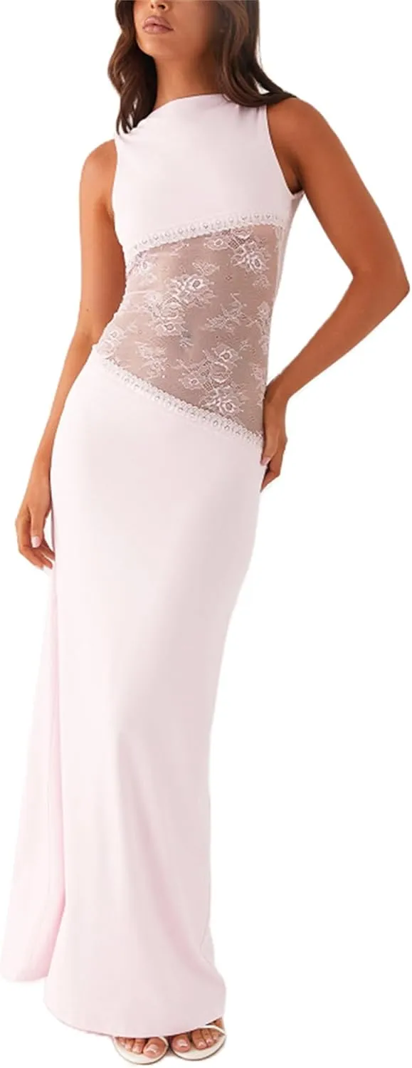 Women Sexy Hollow Out Maxi Dress Sleeveless Backless Lace Pachwork Bodycon Long Dress Y2k Going Out Party