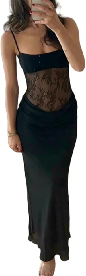 Women Sexy Hollow Out Maxi Dress Sleeveless Backless Lace Pachwork Bodycon Long Dress Y2k Going Out Party
