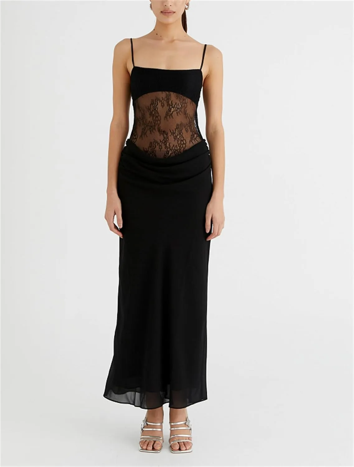 Women Sexy Hollow Out Maxi Dress Sleeveless Backless Lace Pachwork Bodycon Long Dress Y2k Going Out Party