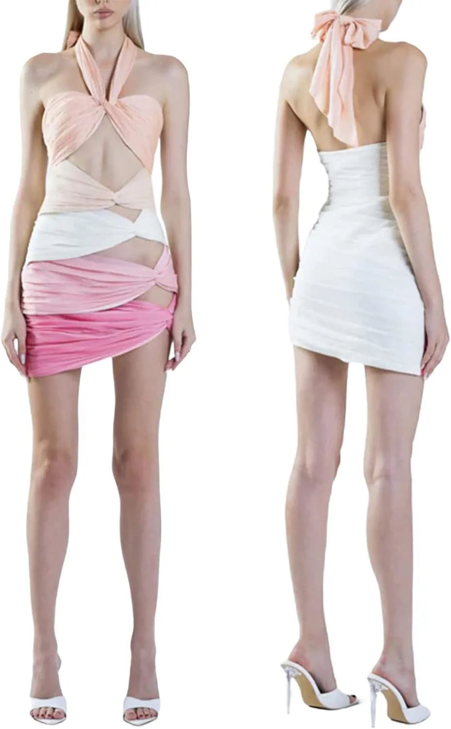 Women Sleeveless Halterneck Dress Summer Cutout Backless Ruched Bodycon Party Dress for Club Streetwear
