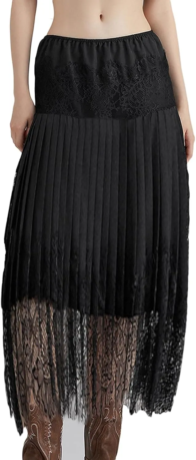 Women Summer Pleated Skirt Casual Floral Lace Elastic A-Line Midi Skirt for Beach Vacation Club Streetwear Skirt