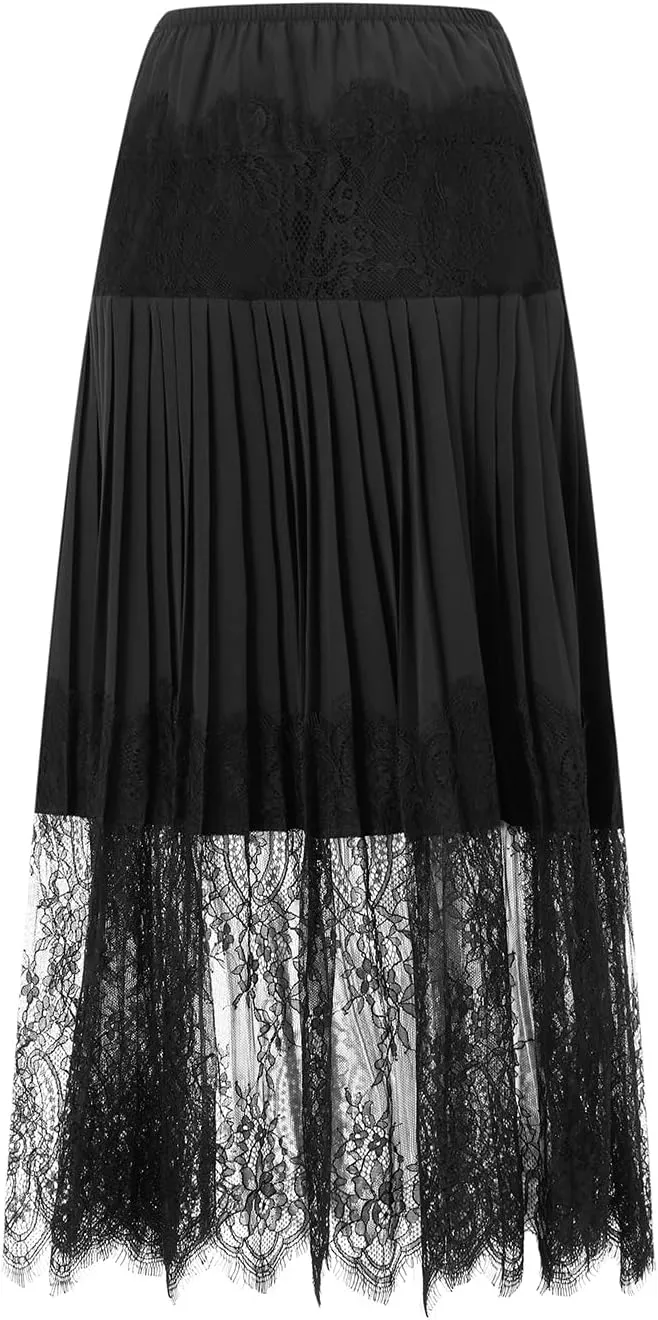 Women Summer Pleated Skirt Casual Floral Lace Elastic A-Line Midi Skirt for Beach Vacation Club Streetwear Skirt