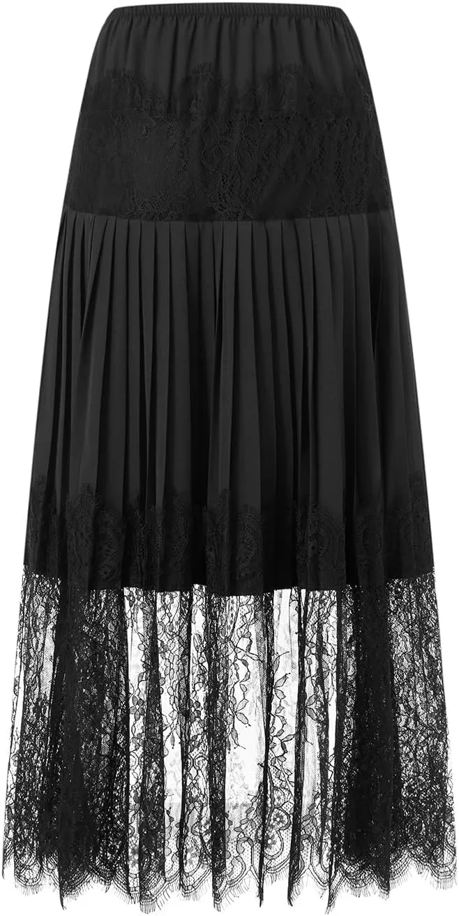 Women Summer Pleated Skirt Casual Floral Lace Elastic A-Line Midi Skirt for Beach Vacation Club Streetwear Skirt