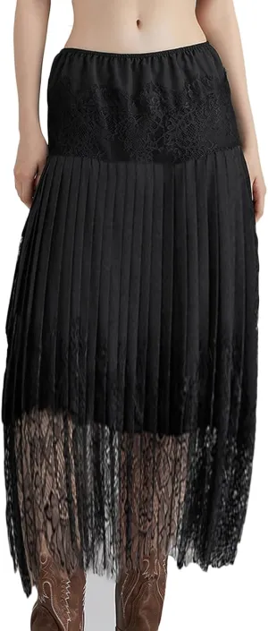 Women Summer Pleated Skirt Casual Floral Lace Elastic A-Line Midi Skirt for Beach Vacation Club Streetwear Skirt
