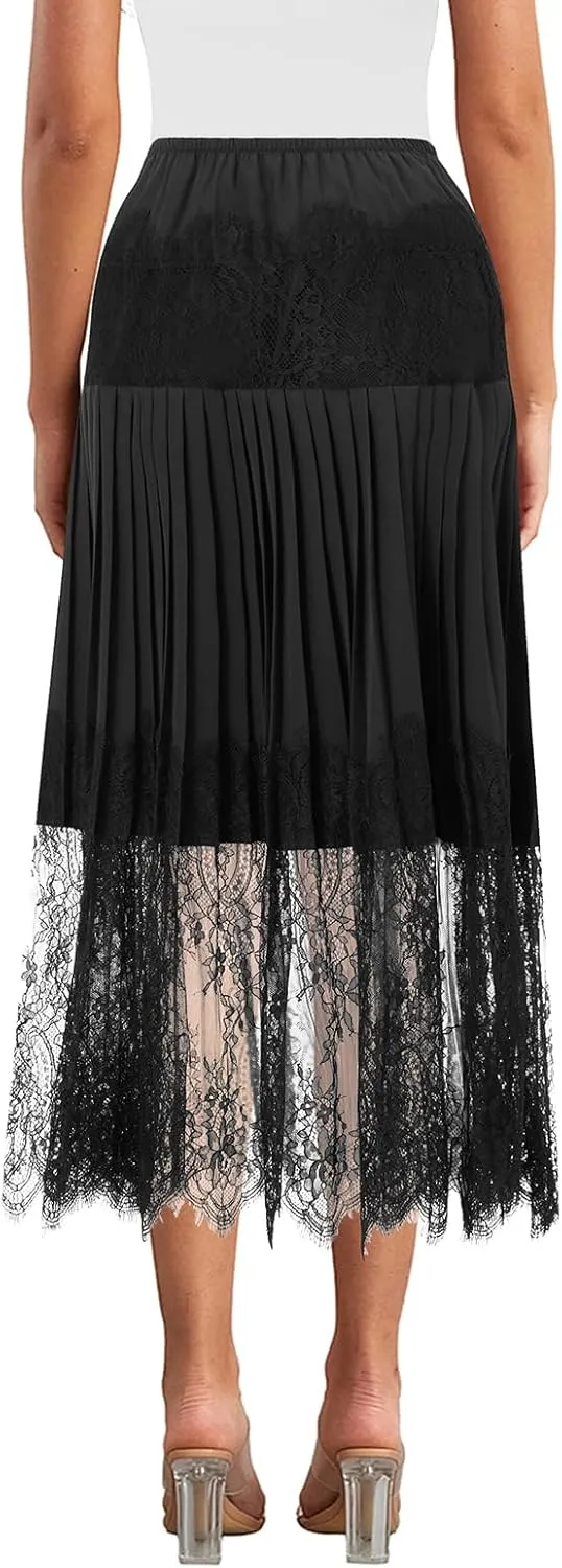 Women Summer Pleated Skirt Casual Floral Lace Elastic A-Line Midi Skirt for Beach Vacation Club Streetwear Skirt