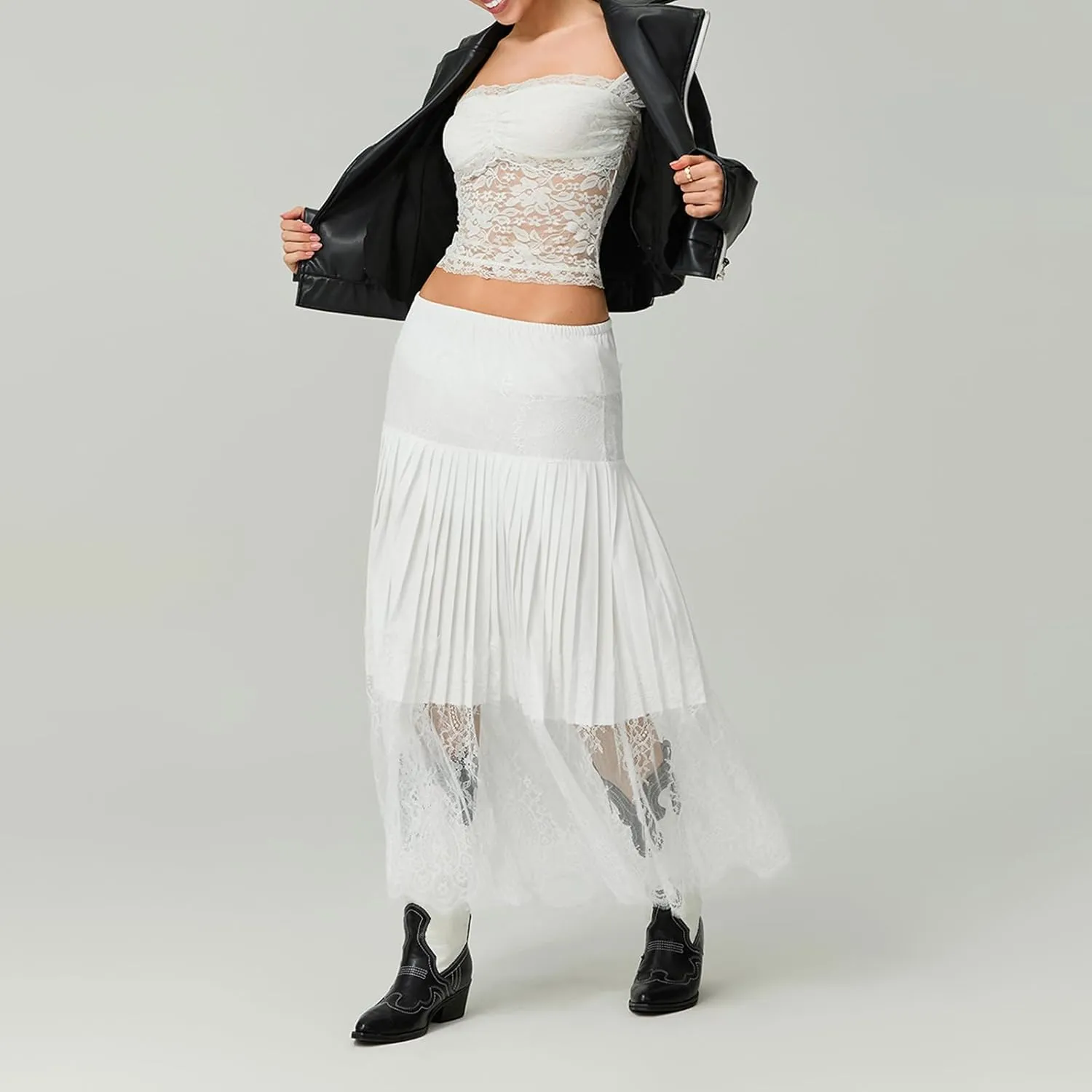 Women Summer Pleated Skirt Casual Floral Lace Elastic A-Line Midi Skirt for Beach Vacation Club Streetwear
