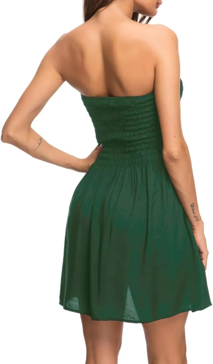 Women Summer Tie Shoulder Dress Smocked Ruffle Tube Top A Line Beach Mini Dress 05
