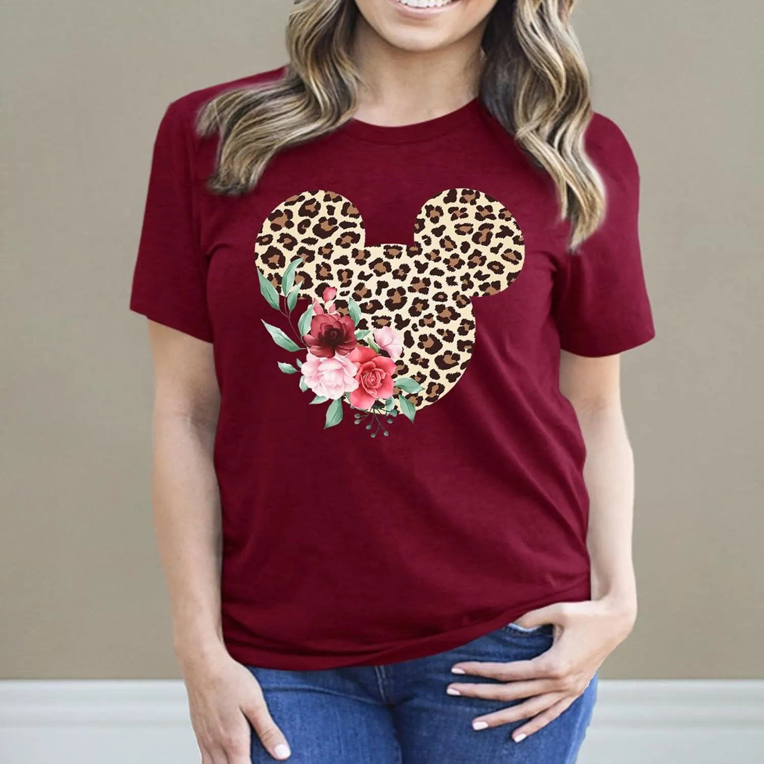 Women Teen Leopard Print Mickey Ears with Flowers Shirt Floral Adult Women Ladies Boho Character Tshirt