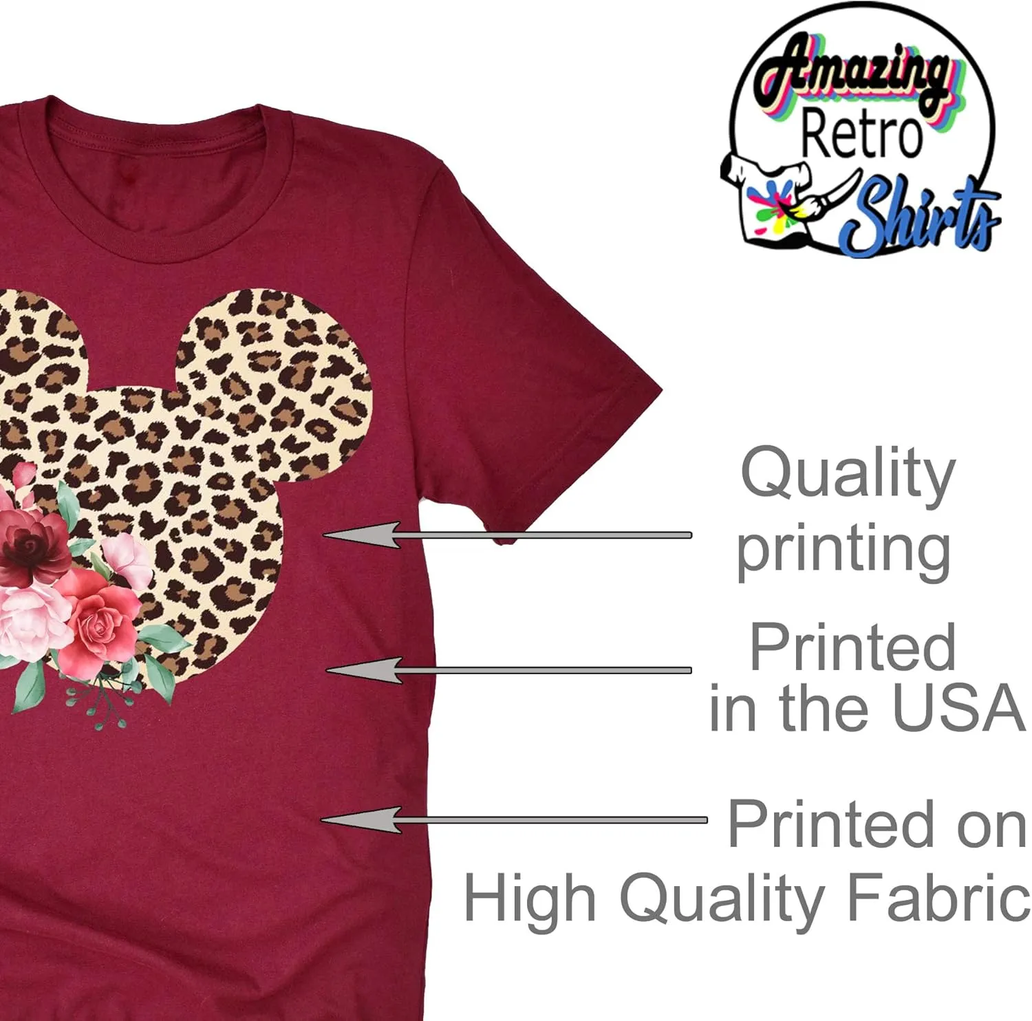 Women Teen Leopard Print Mickey Ears with Flowers Shirt Floral Adult Women Ladies Boho Character Tshirt