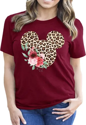 Women Teen Leopard Print Mickey Ears with Flowers Shirt Floral Adult Women Ladies Boho Character Tshirt