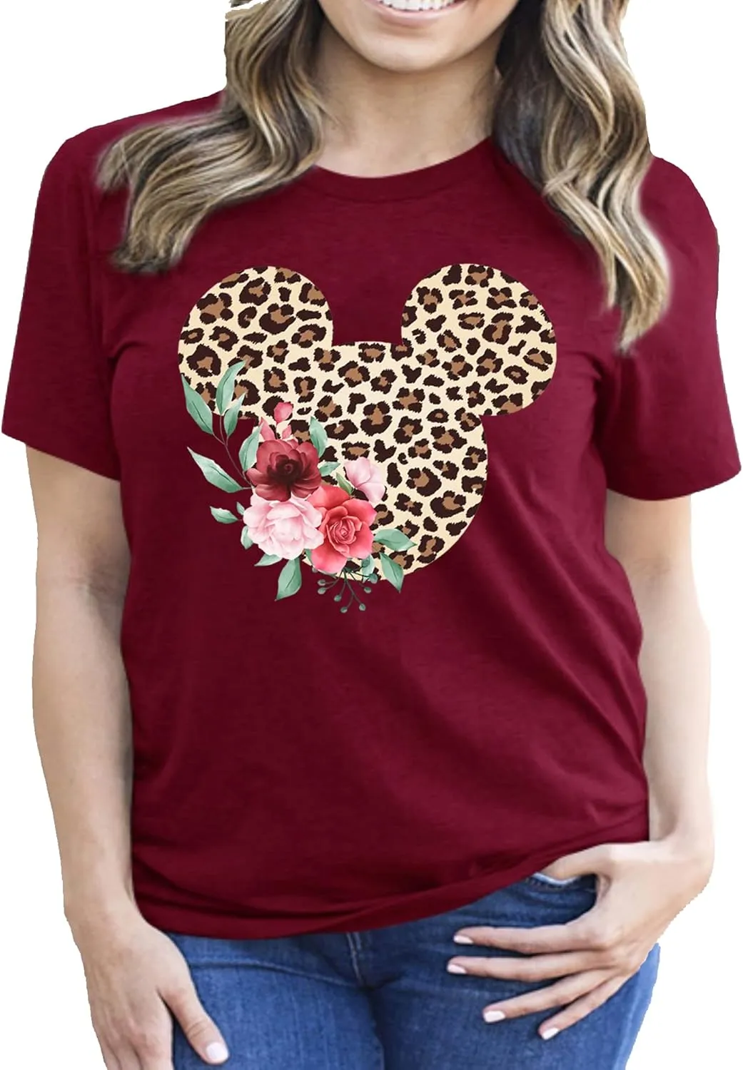 Women Teen Leopard Print Mickey Ears with Flowers Shirt Floral Adult Women Ladies Boho Character Tshirt