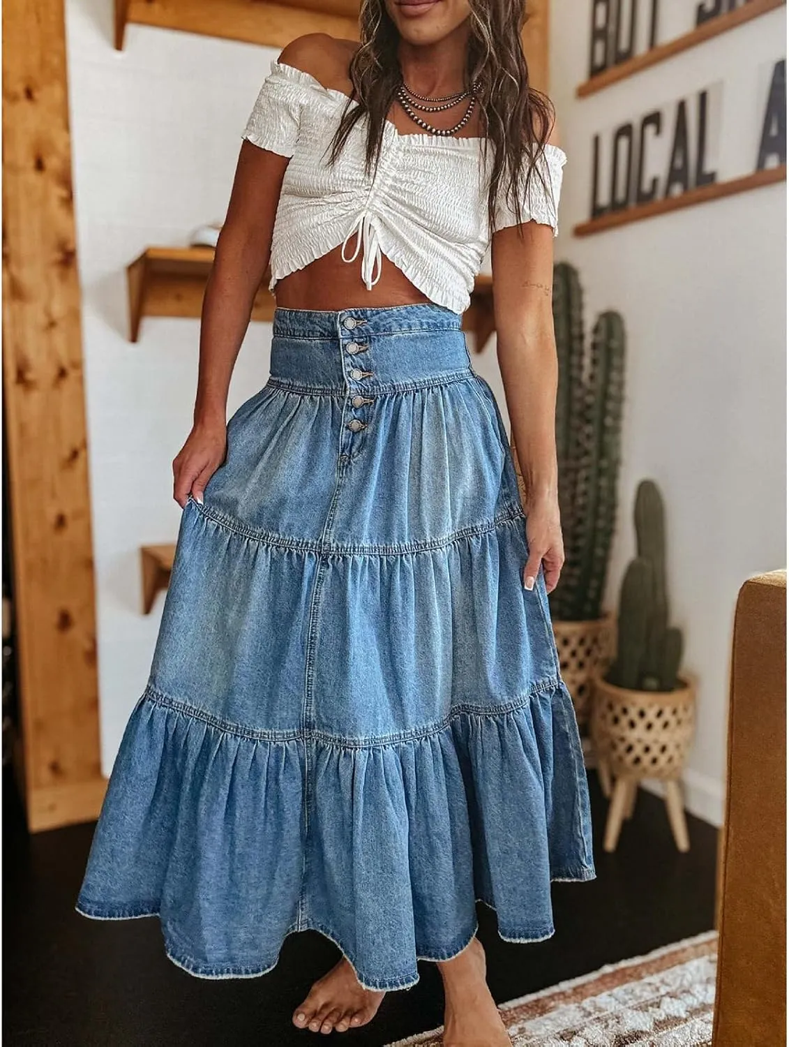 Women Tiered Ruffle Hem Denim Maxi Skirt Solid High Waist Buttons Jean Skirt Vintage Washed Swing Party Streetwear