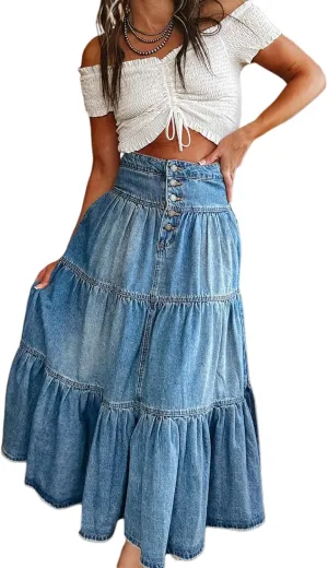 Women Tiered Ruffle Hem Denim Maxi Skirt Solid High Waist Buttons Jean Skirt Vintage Washed Swing Party Streetwear
