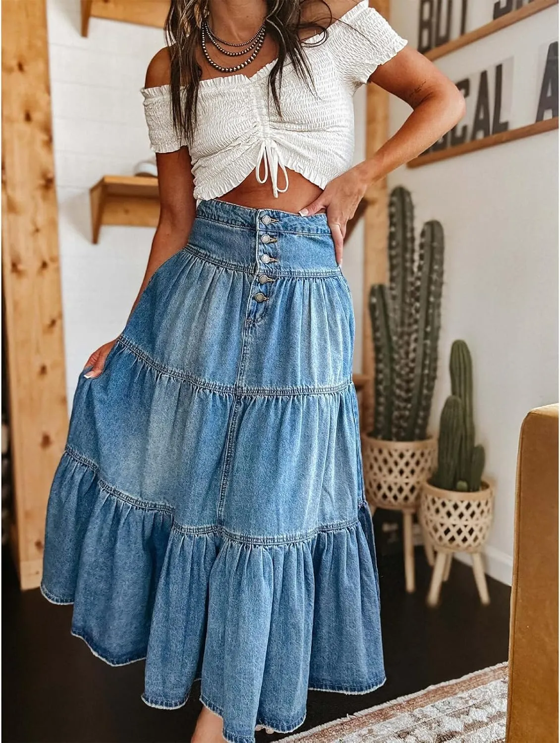 Women Tiered Ruffle Hem Denim Maxi Skirt Solid High Waist Buttons Jean Skirt Vintage Washed Swing Party Streetwear