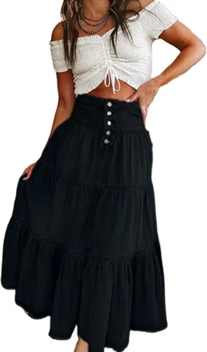 Women Tiered Ruffle Hem Denim Maxi Skirt Solid High Waist Buttons Jean Skirt Vintage Washed Swing Party Streetwear