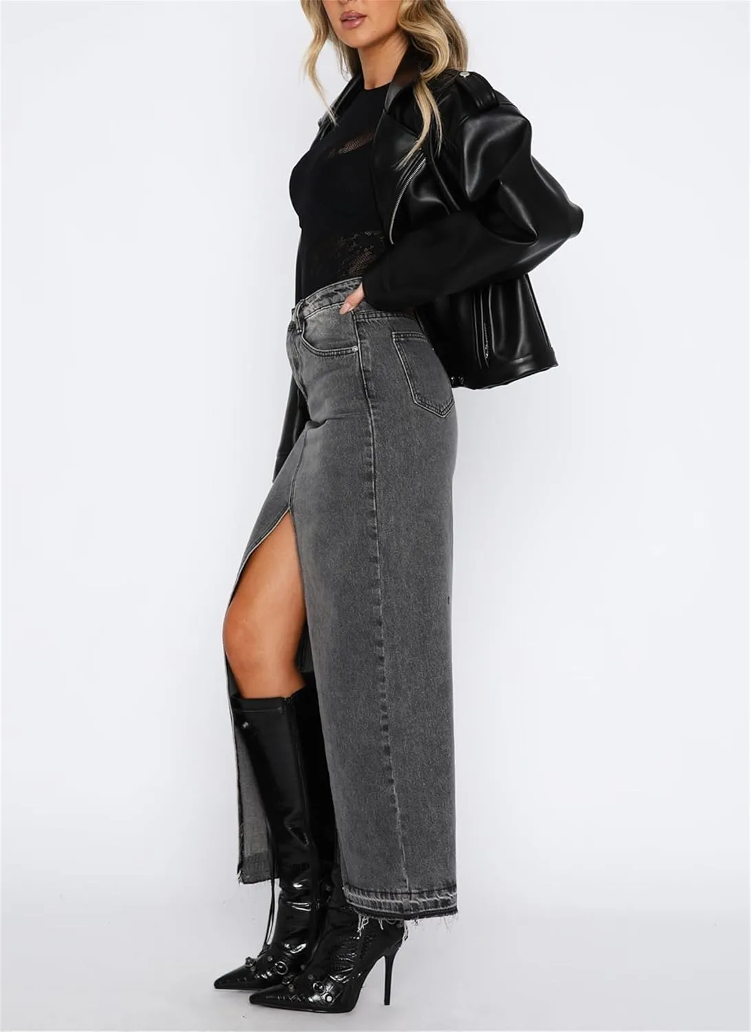 Women Vintage Long Denim Skirt Front Slit Elastic Maxi Skirt with Pockets Y2k Aesthetic Clothes Streetwear