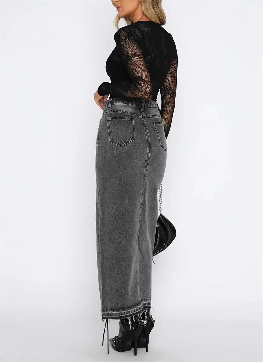 Women Vintage Long Denim Skirt Front Slit Elastic Maxi Skirt with Pockets Y2k Aesthetic Clothes Streetwear
