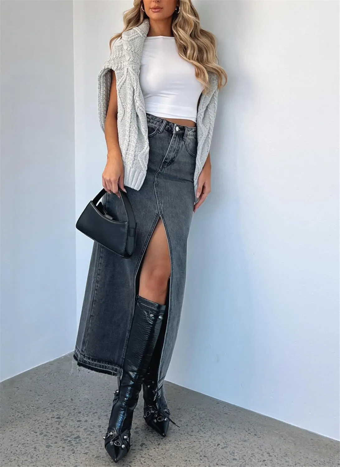 Women Vintage Long Denim Skirt Front Slit Elastic Maxi Skirt with Pockets Y2k Aesthetic Clothes Streetwear