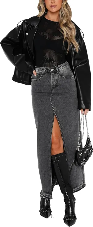 Women Vintage Long Denim Skirt Front Slit Elastic Maxi Skirt with Pockets Y2k Aesthetic Clothes Streetwear