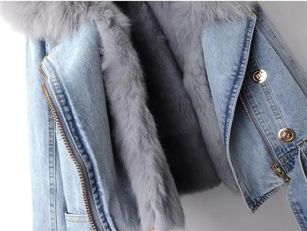 Women Warm Fur Collar Rabbit Fur Liner Denim Jacket Casual Winter Removable Liner Cropped Top