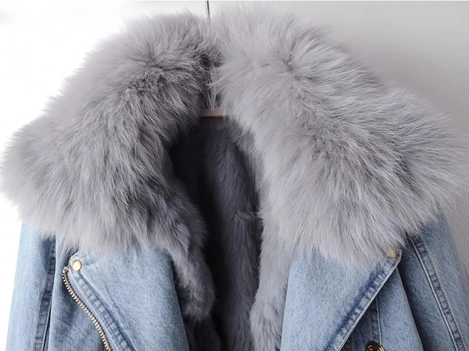 Women Warm Fur Collar Rabbit Fur Liner Denim Jacket Casual Winter Removable Liner Cropped Top