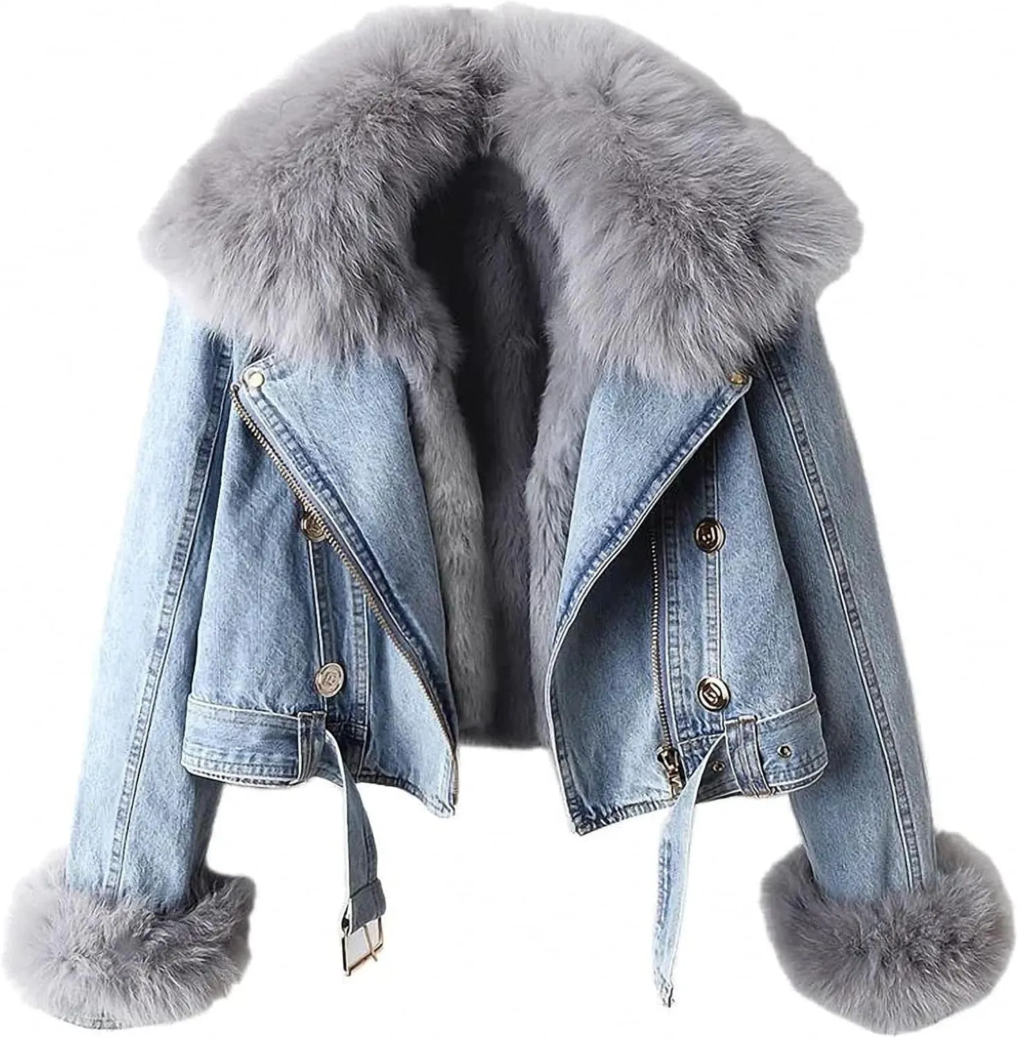 Women Warm Fur Collar Rabbit Fur Liner Denim Jacket Casual Winter Removable Liner Cropped Top