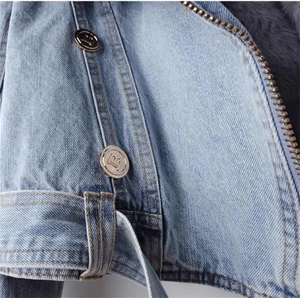 Women Warm Fur Collar Rabbit Fur Liner Denim Jacket Casual Winter Removable Liner Cropped Top