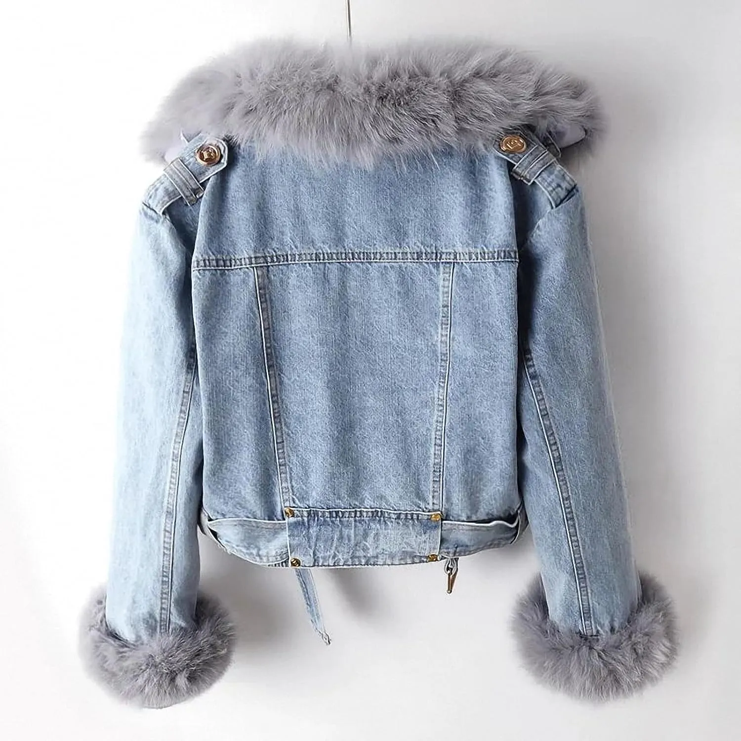 Women Warm Fur Collar Rabbit Fur Liner Denim Jacket Casual Winter Removable Liner Cropped Top