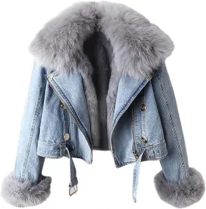 Women Warm Fur Collar Rabbit Fur Liner Denim Jacket Casual Winter Removable Liner Cropped Top