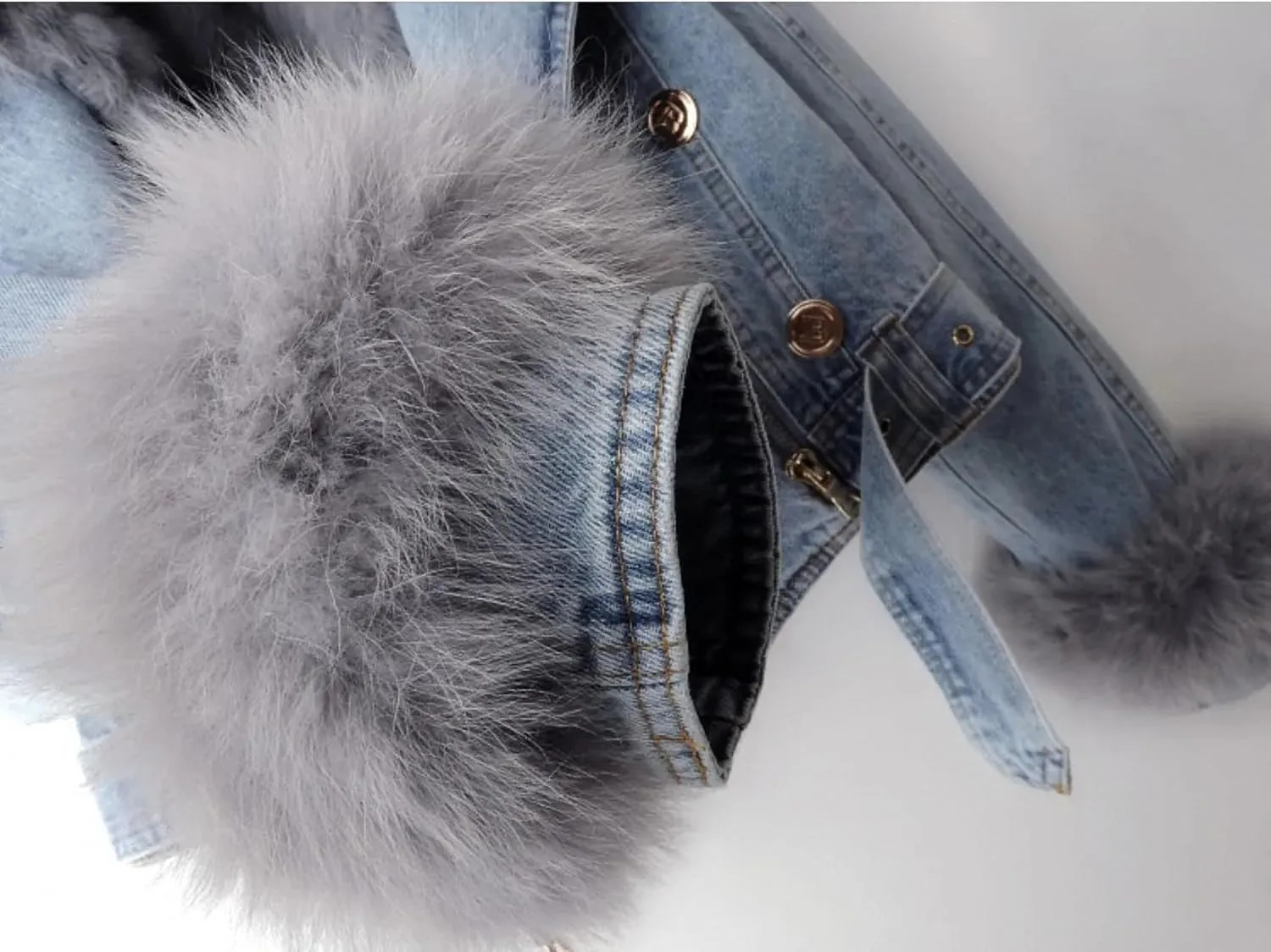 Women Warm Fur Collar Rabbit Fur Liner Denim Jacket Casual Winter Removable Liner Cropped Top