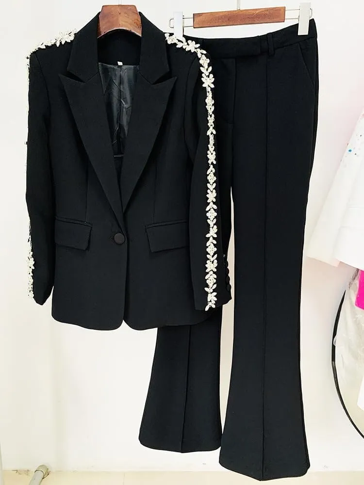 Women's 2 Piece Crystal Set Pant Suits Lady Evening Wedding Rhinestoned Blazer Jacket   Wide Leg Trouser Outfits